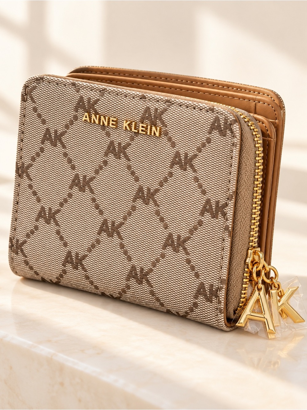 Anne Klein Monogram Zip Bifold Wallet Beige Taupe Gold AK Charm Quiet Luxury